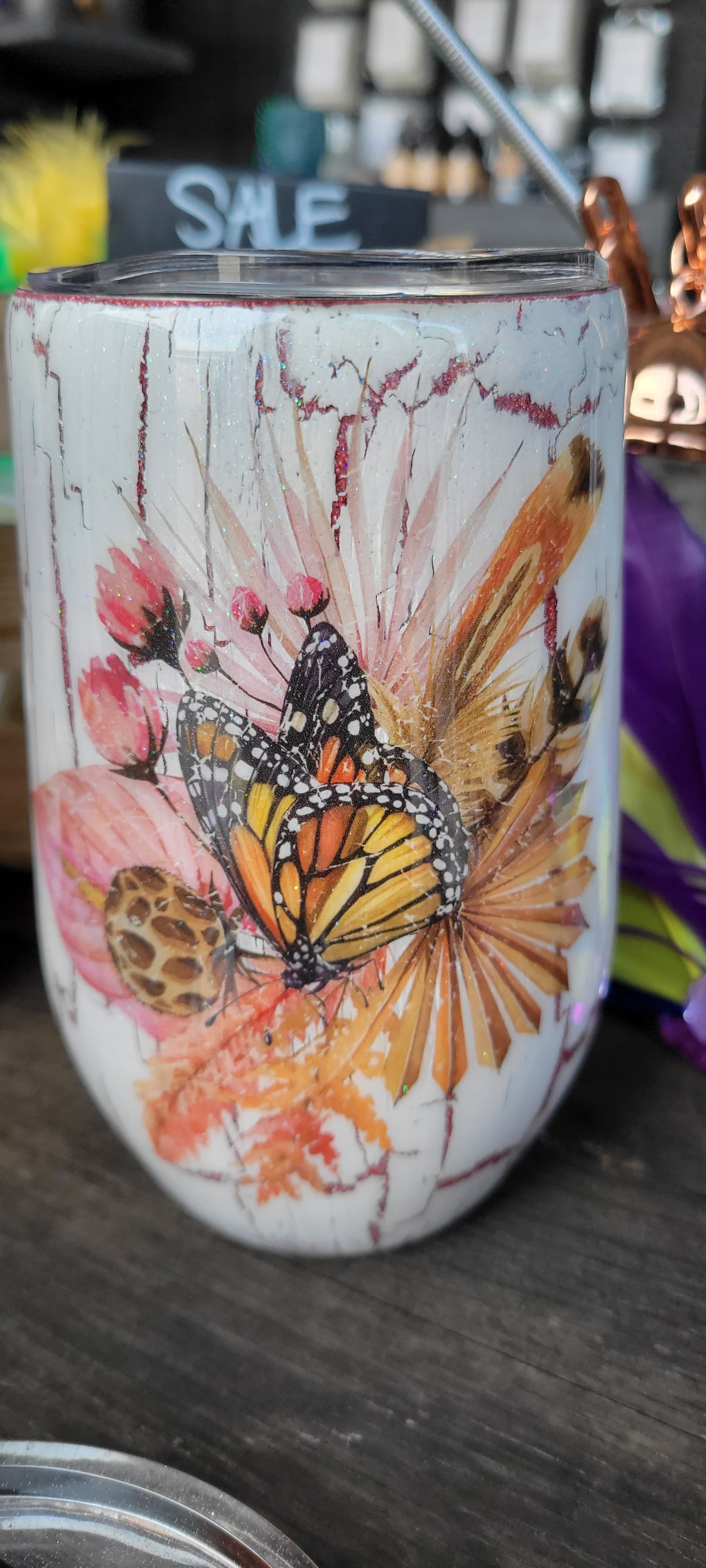 16 oz. Floral Crackle Stainless Steel Wine Tumbler