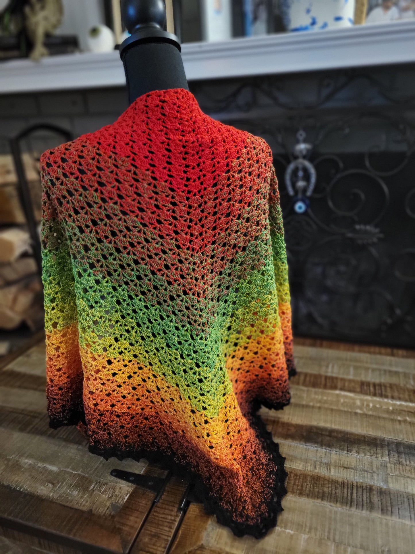 Crochet Shell Shawl - Red, Green, Yellow, Orange, Black