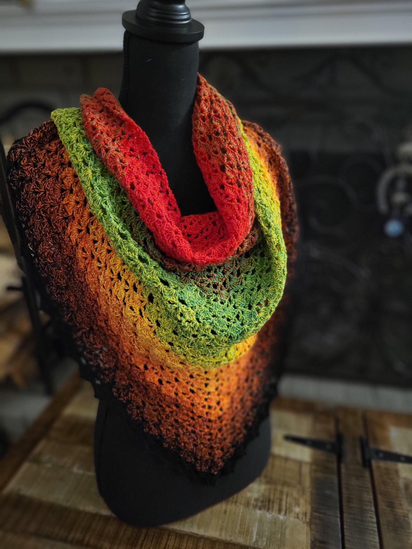 Crochet Shell Shawl - Red, Green, Yellow, Orange, Black