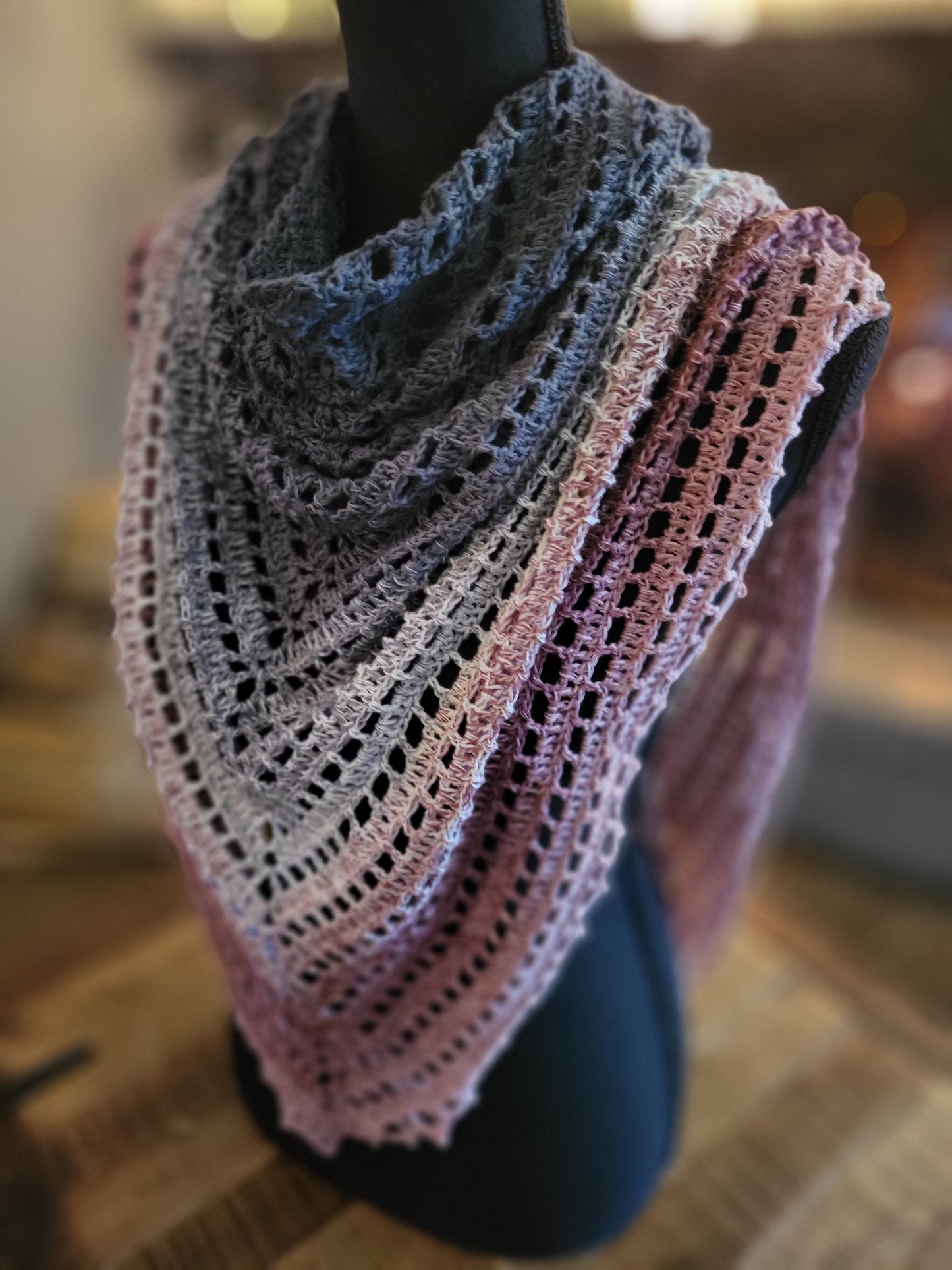 Crochet Filet Shawl - Blush and Gray