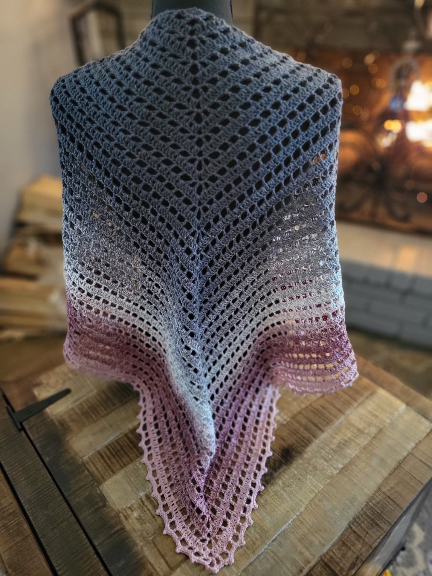 Crochet Filet Shawl - Blush and Gray