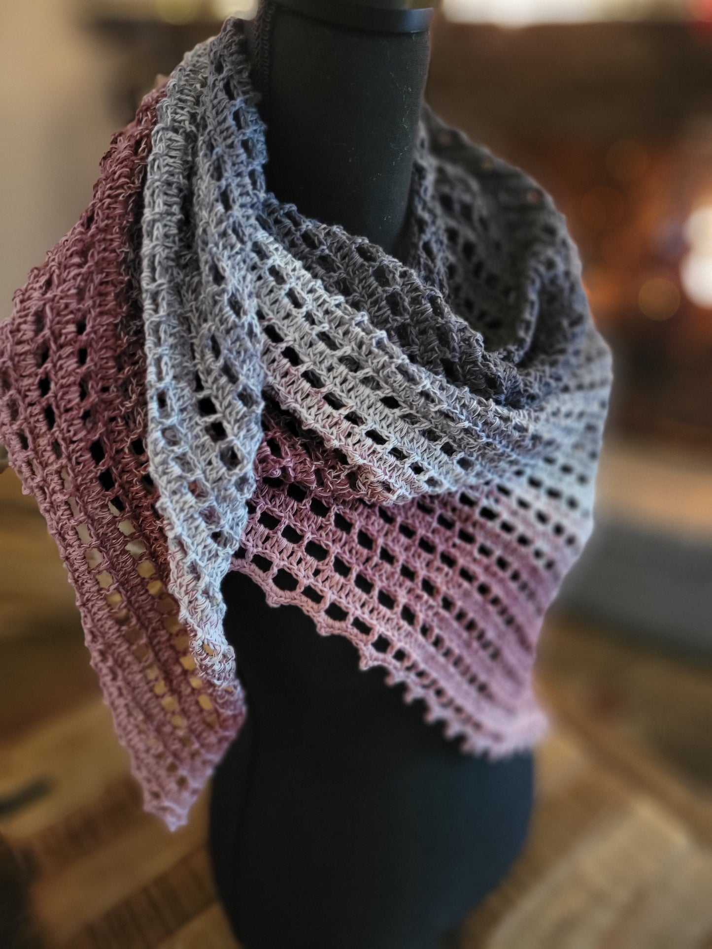 Crochet Filet Shawl - Blush and Gray