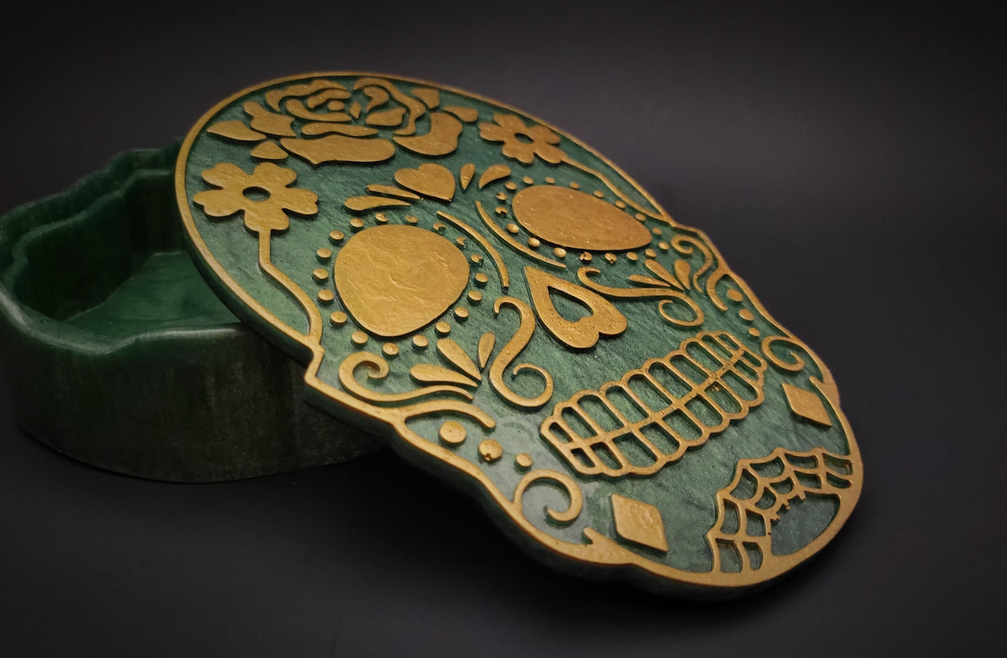 Sugar Skull Trinket Box in Green and Gold