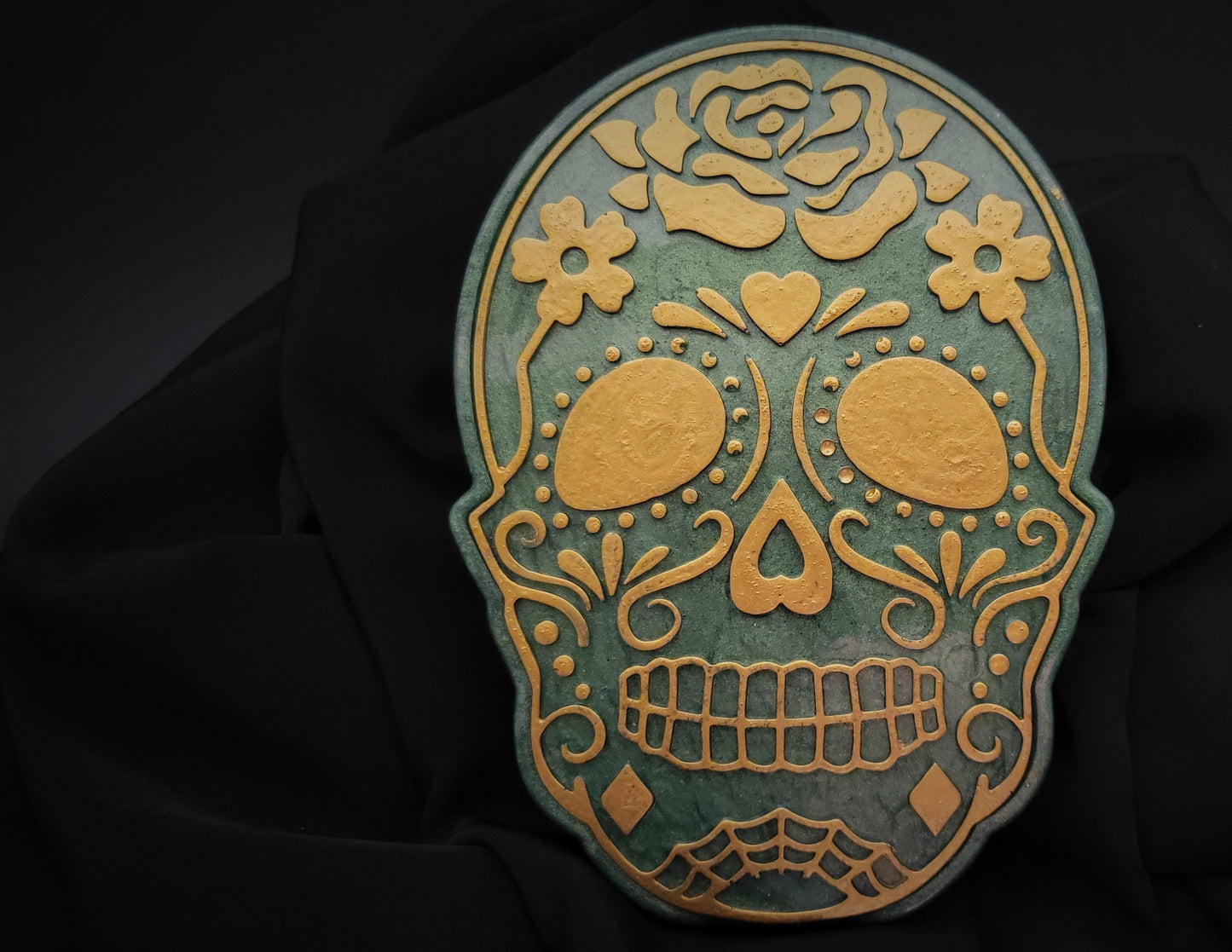 Sugar Skull Trinket Box in Green and Gold