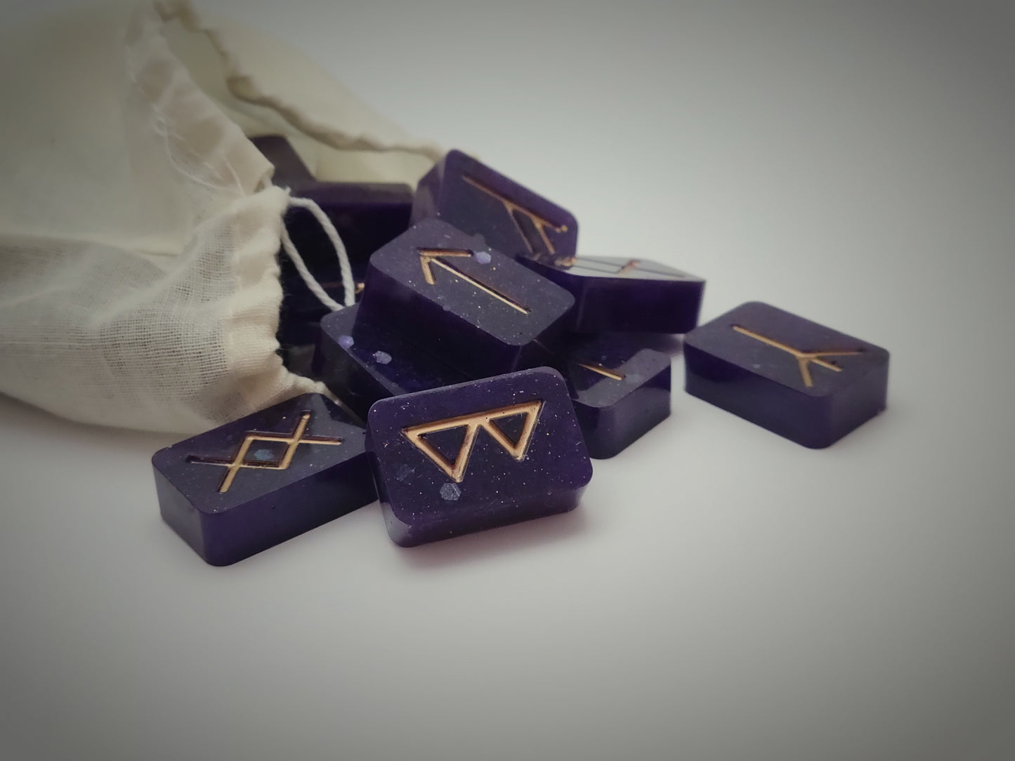 27 Piece Rune Stones in Dark Violet and Gold with Carrying Bag