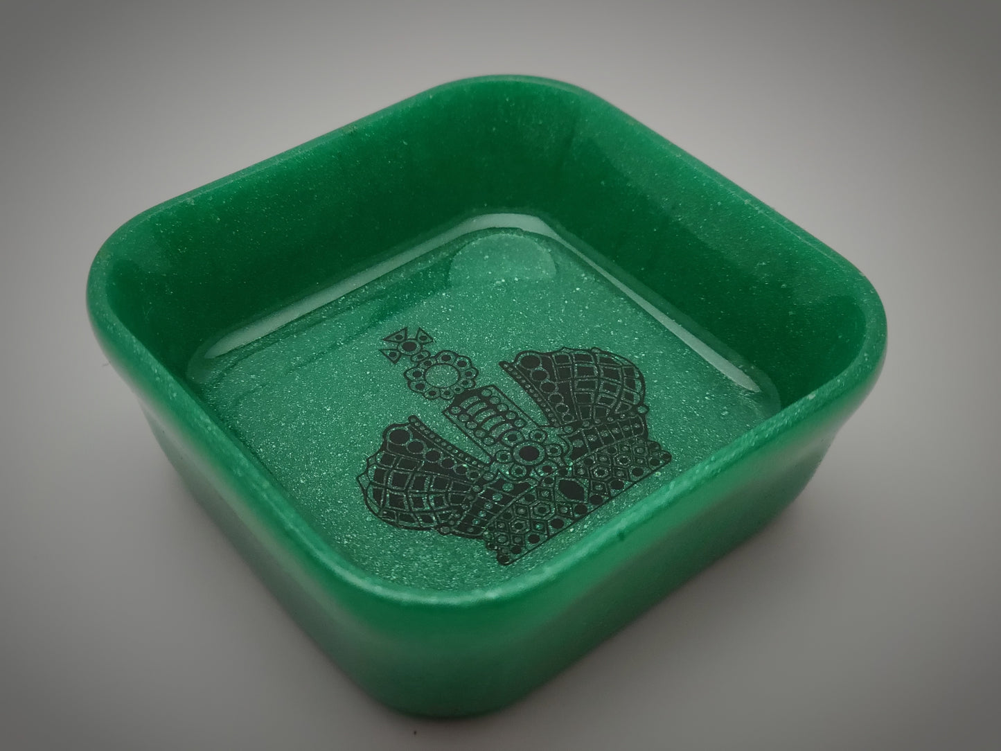 Square Trinket Bowl, Green Shimmer with Inside Graphic